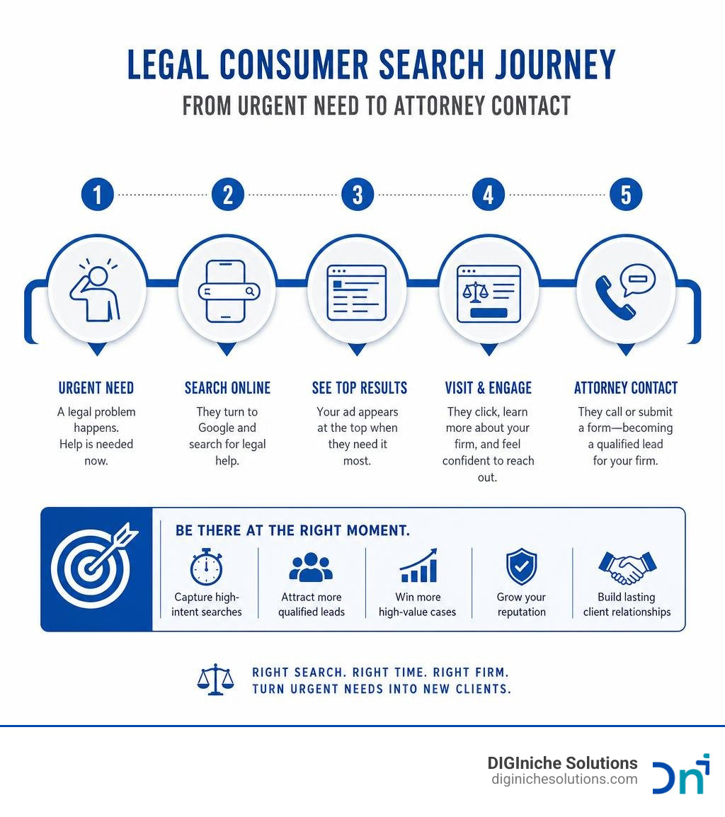 Legal consumer search journey from urgent need to attorney contact infographic infographic Legal consumer search journey from urgent need to attorney contact infographic infographic