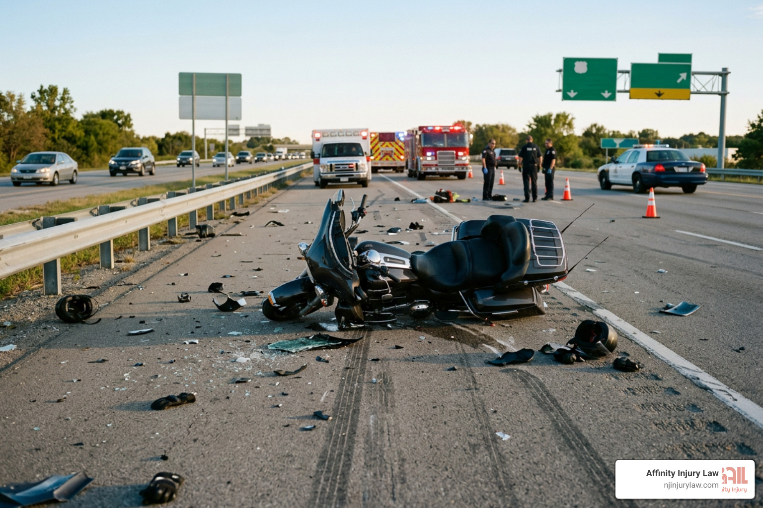 A motorcycle accident scene showing the aftermath of a collision on a highway A motorcycle accident scene showing the aftermath of a collision on a highway