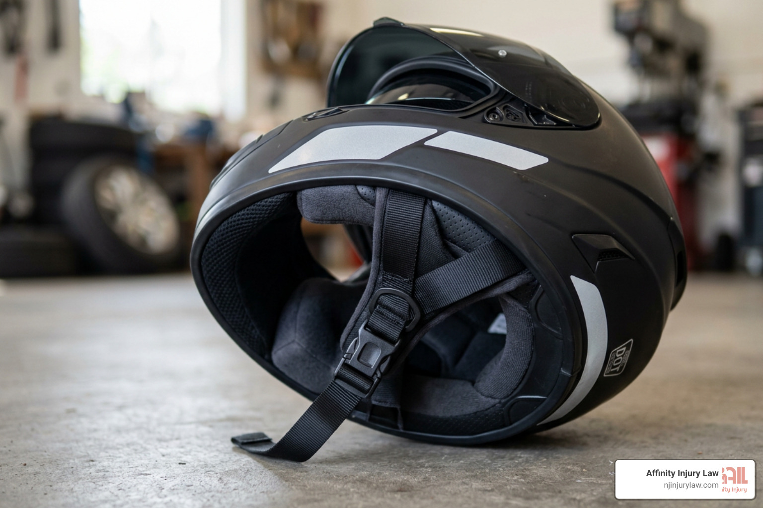 A close-up of a DOT-approved motorcycle helmet with safety straps A close-up of a DOT-approved motorcycle helmet with safety straps
