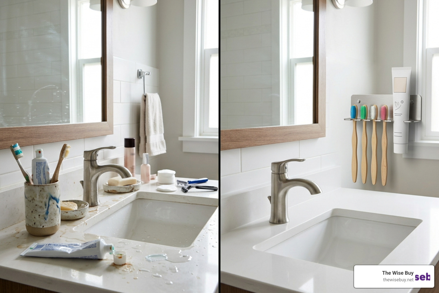 Comparison of a cluttered bathroom sink countertop vs. a clean wall-mounted setup Comparison of a cluttered bathroom sink countertop vs. a clean wall-mounted setup