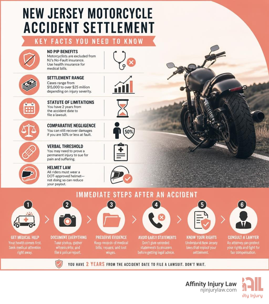 Key facts and immediate steps after a New Jersey motorcycle accident settlement claim infographic Key facts and immediate steps after a New Jersey motorcycle accident settlement claim infographic