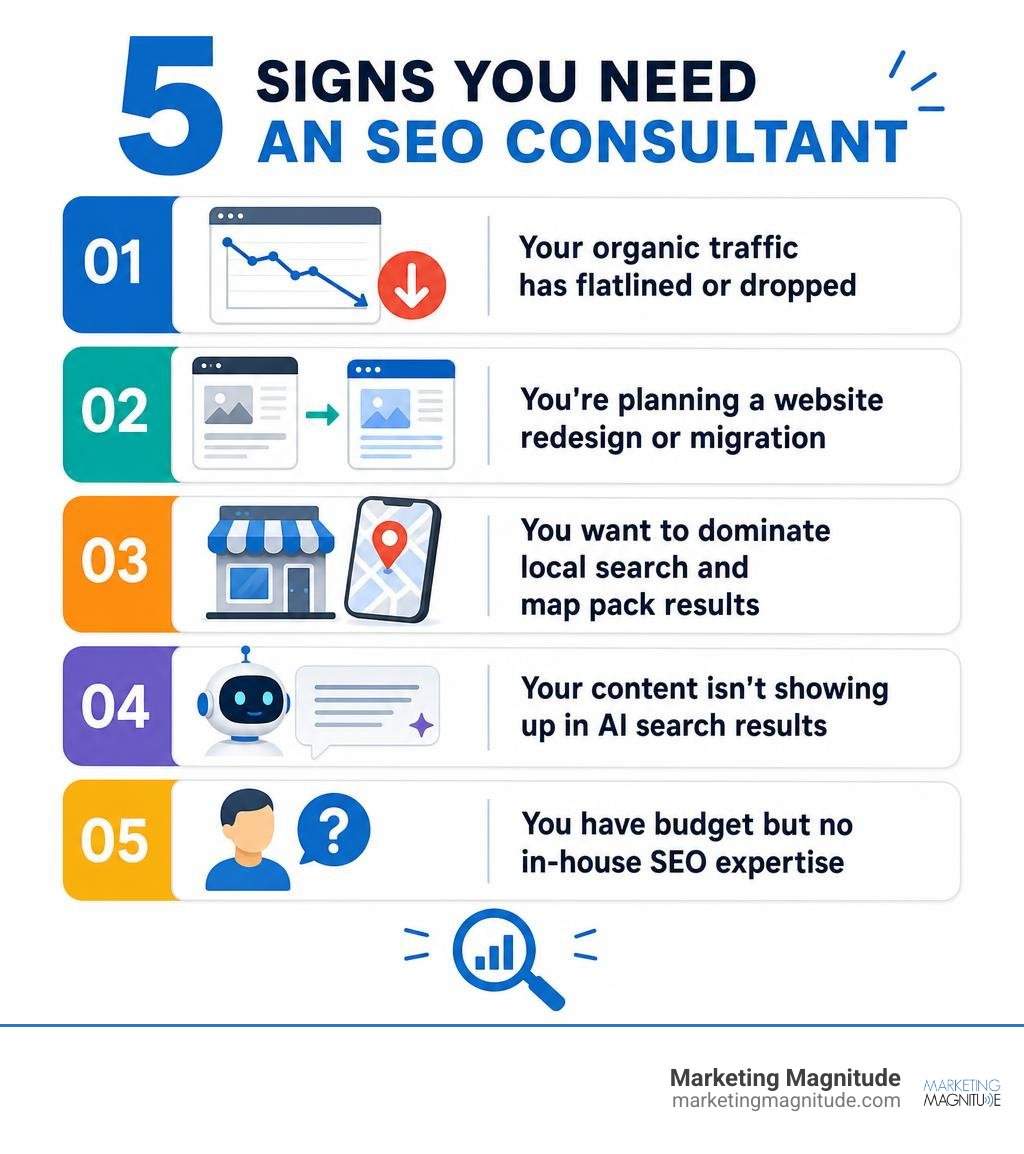 5 signs you need an SEO consultant: traffic drop, site migration, local search, AI content, no in-house expertise infographic 5 signs you need an SEO consultant: traffic drop, site migration, local search, AI content, no in-house expertise infographic
