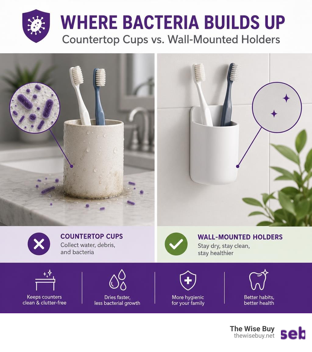 Infographic showing bacteria buildup on countertop toothbrush cups vs. wall-mounted holders infographic Infographic showing bacteria buildup on countertop toothbrush cups vs. wall-mounted holders infographic