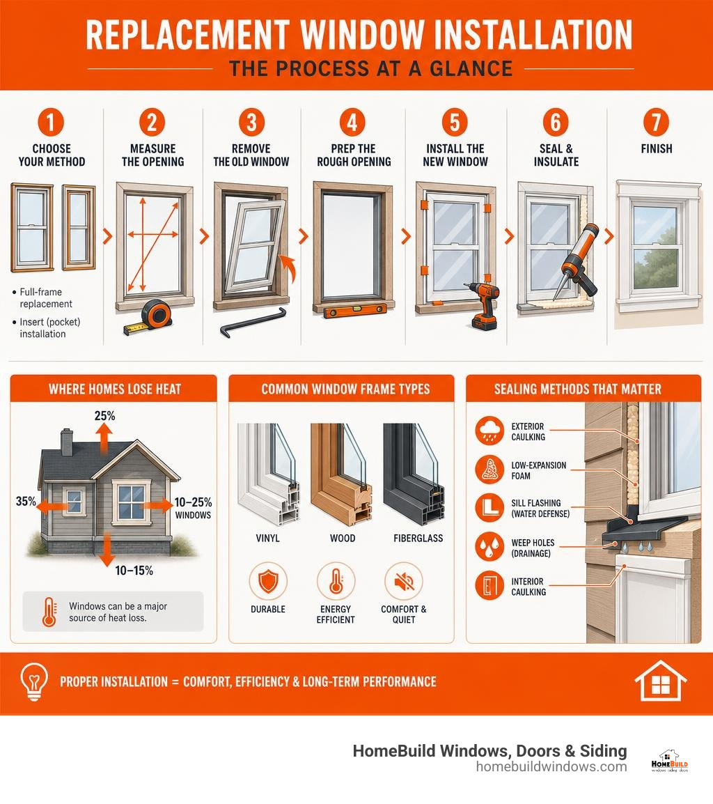 Steps of replacement window installation process showing heat loss, frame types, and sealing methods infographic