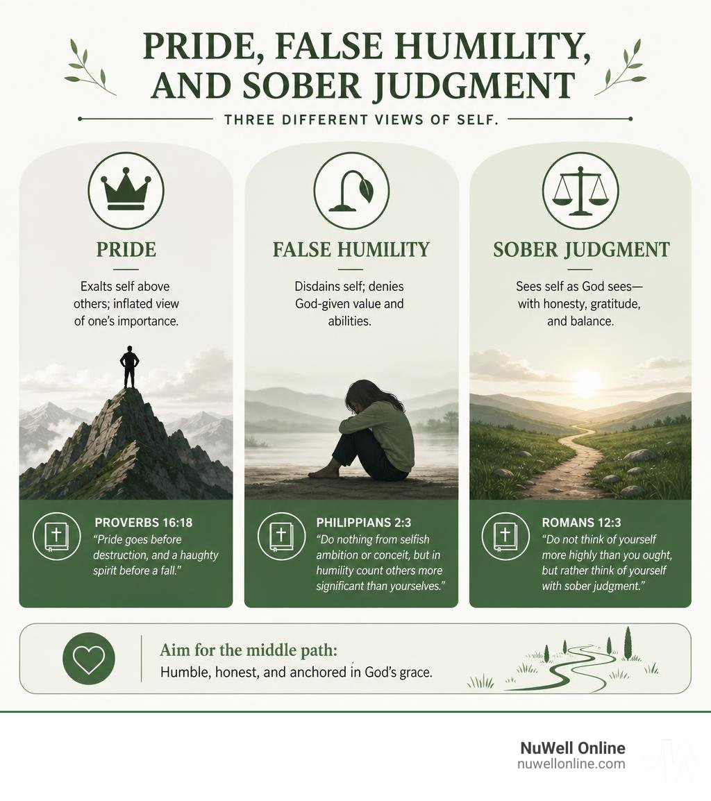 Infographic showing the difference between pride, false humility, and sober judgment with definitions and Scripture
