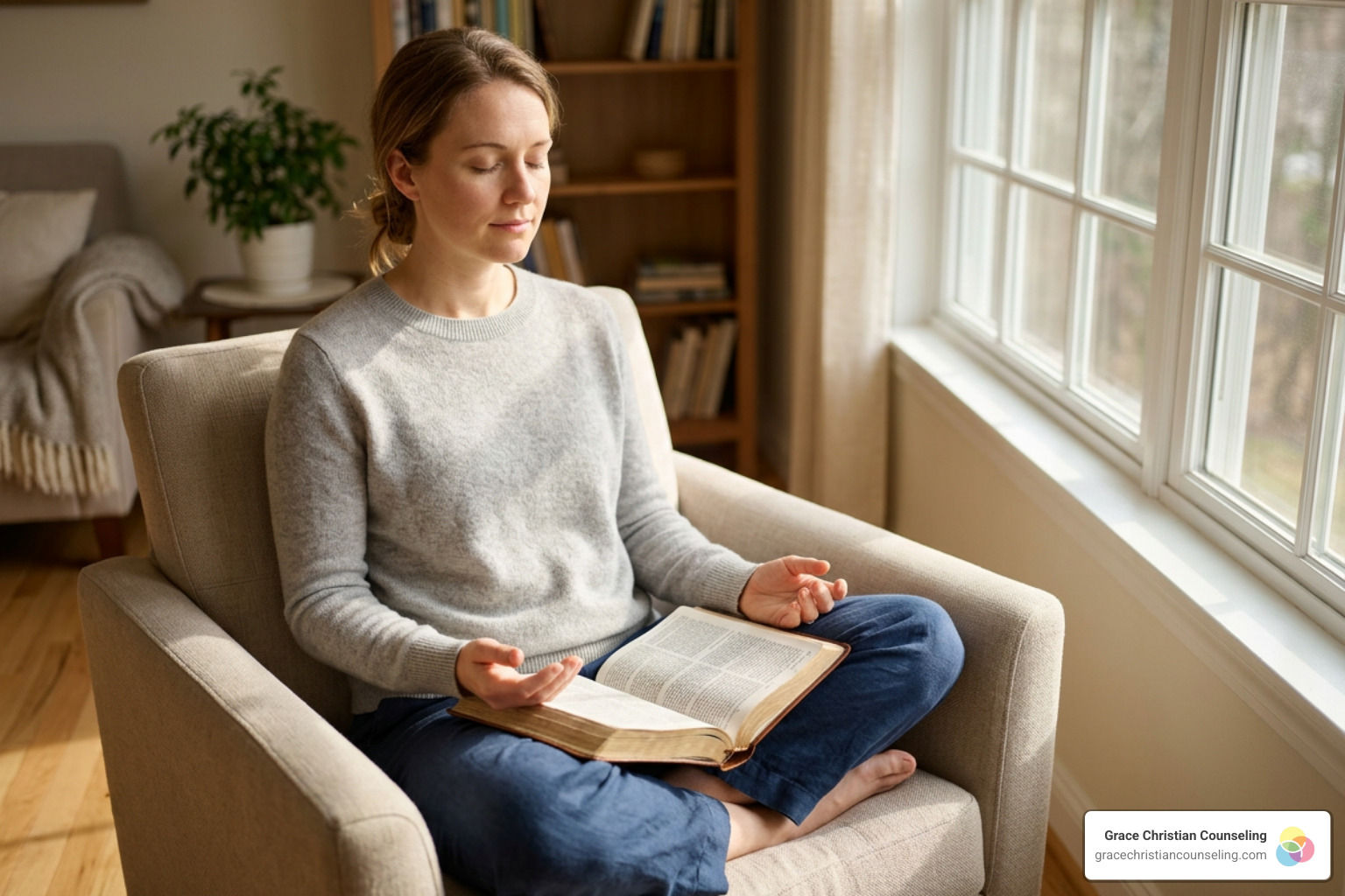 A person peacefully meditating on Scripture A person peacefully meditating on Scripture