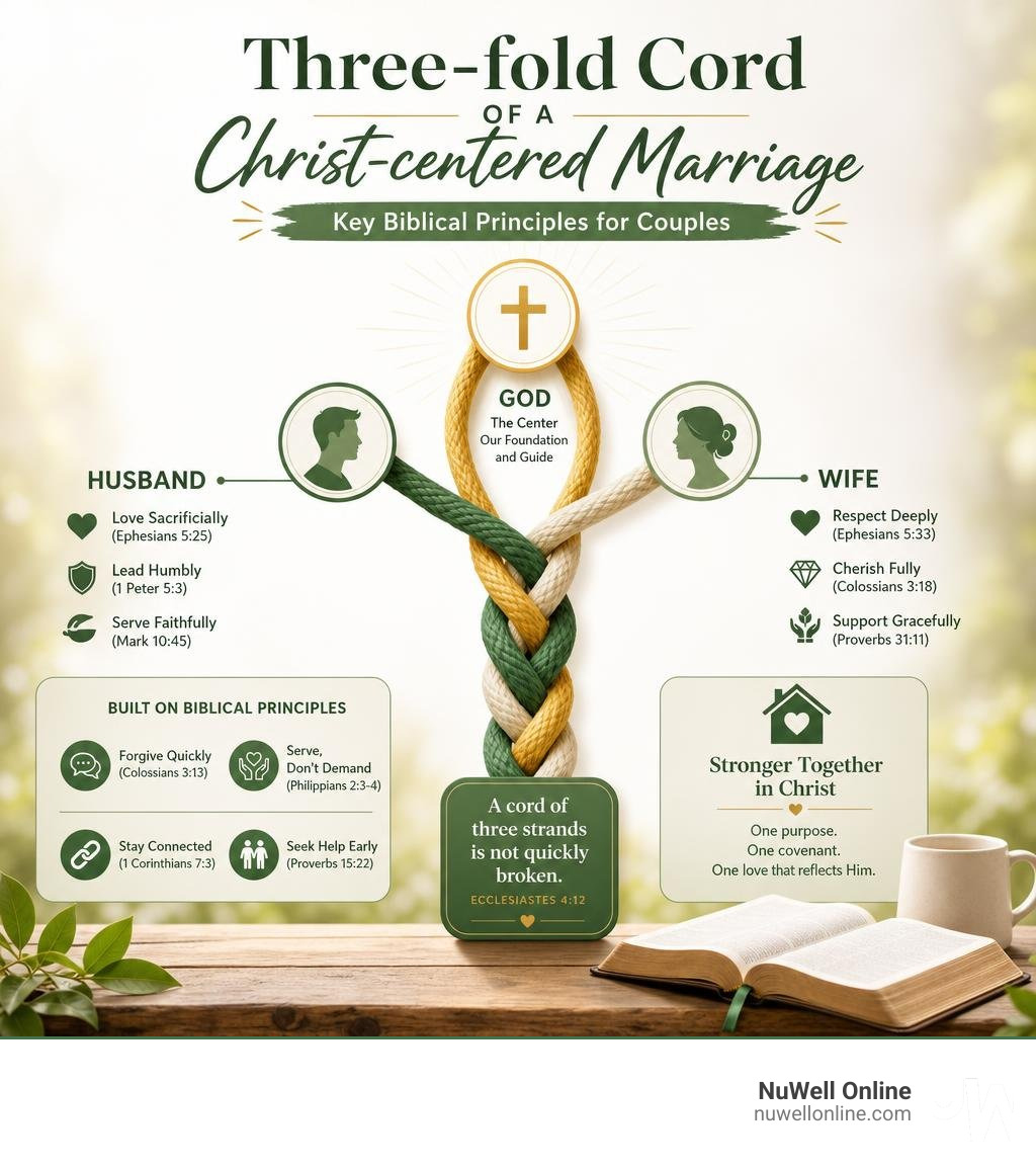 Three-fold cord of a Christ-centered marriage: God, husband, wife — key biblical principles for couples infographic