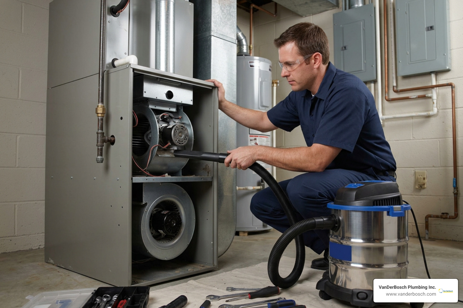 Professional HVAC technician vacuuming a residential furnace blower motor and fan assembly