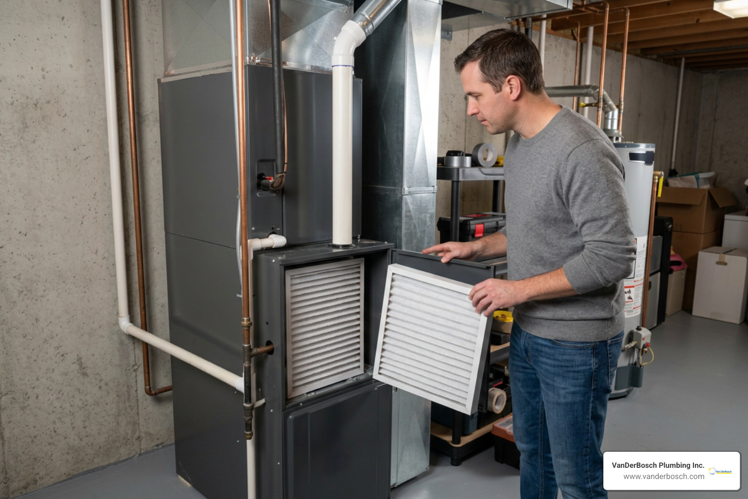 Homeowner inspecting a clean furnace air filter during routine maintenance