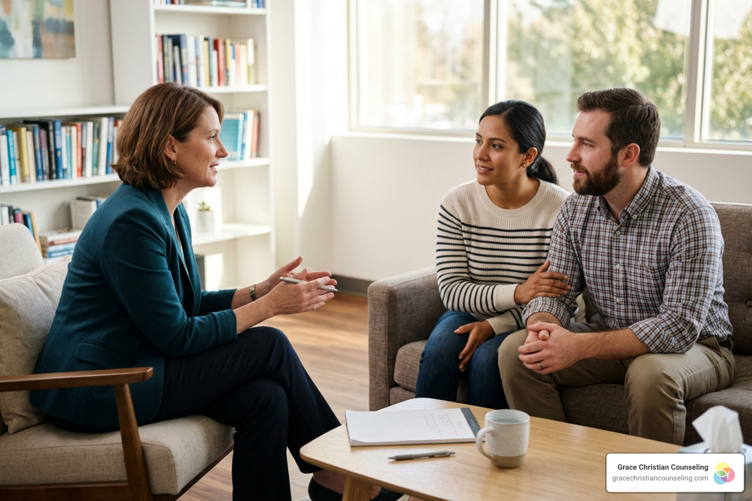 A counselor guiding a couple through a structured conversation