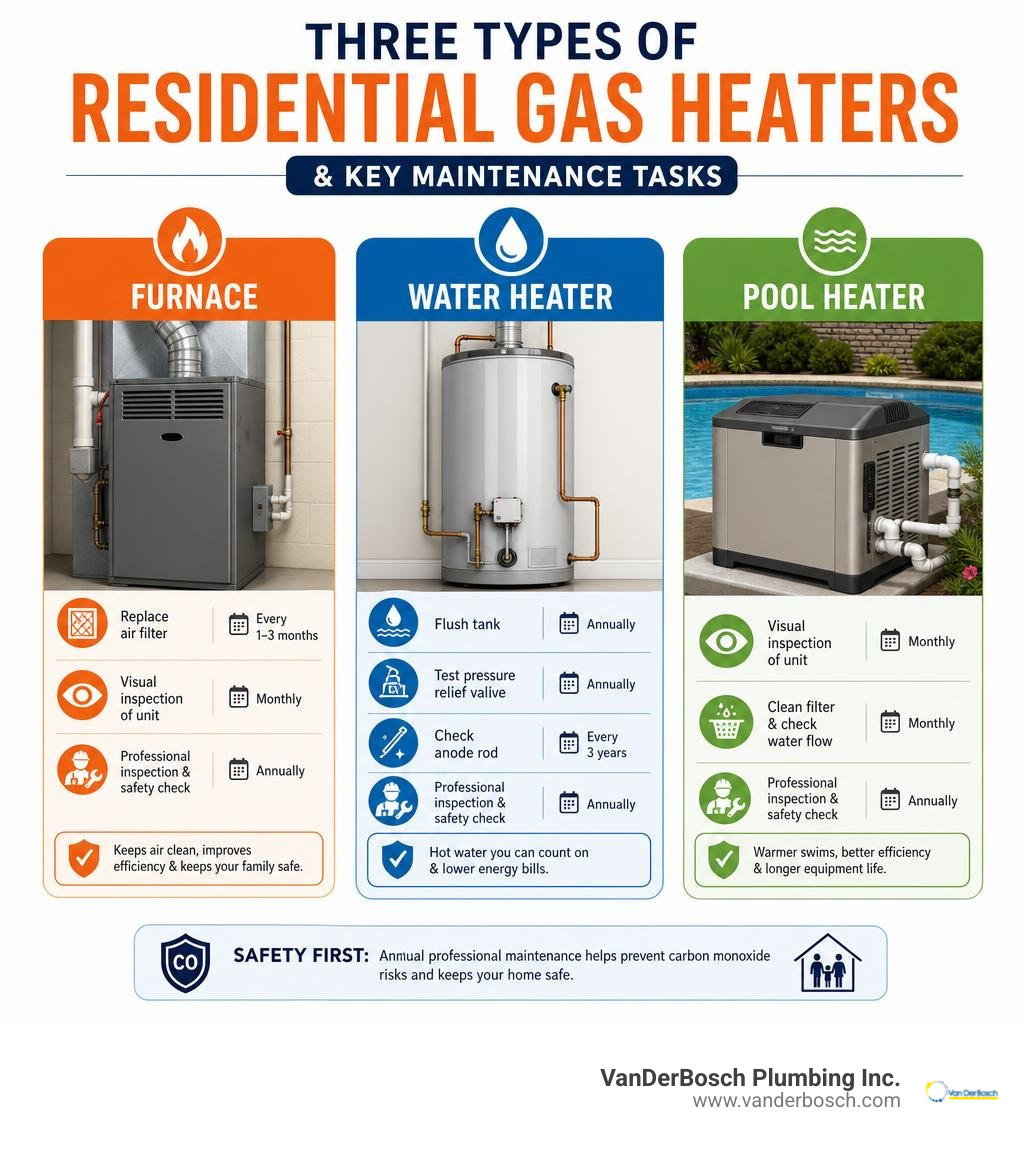 Three types of residential gas heaters: furnace, water heater, and pool heater with key maintenance tasks infographic