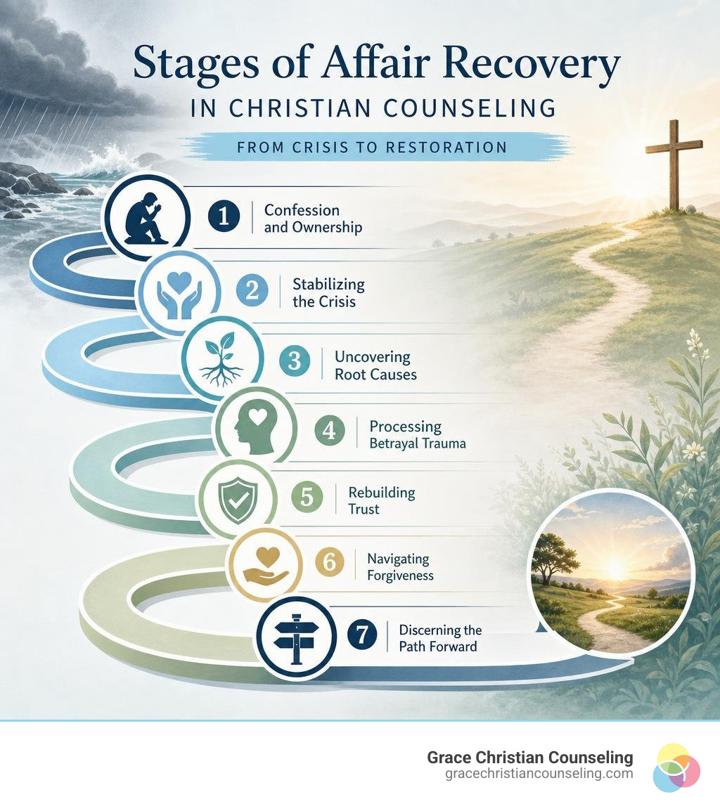 Stages of affair recovery in Christian counseling, from crisis to restoration infographic
