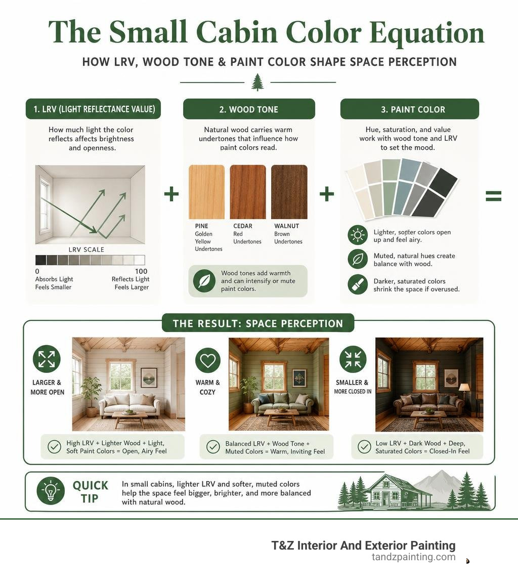 Infographic showing how LRV, wood tone, and paint color interact to affect small cabin space perception infographic Infographic showing how LRV, wood tone, and paint color interact to affect small cabin space perception infographic