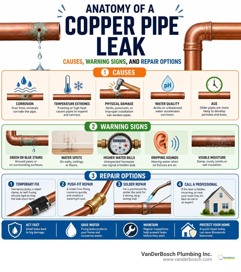 Anatomy of a copper pipe leak: causes, warning signs, and repair options infographic infographic