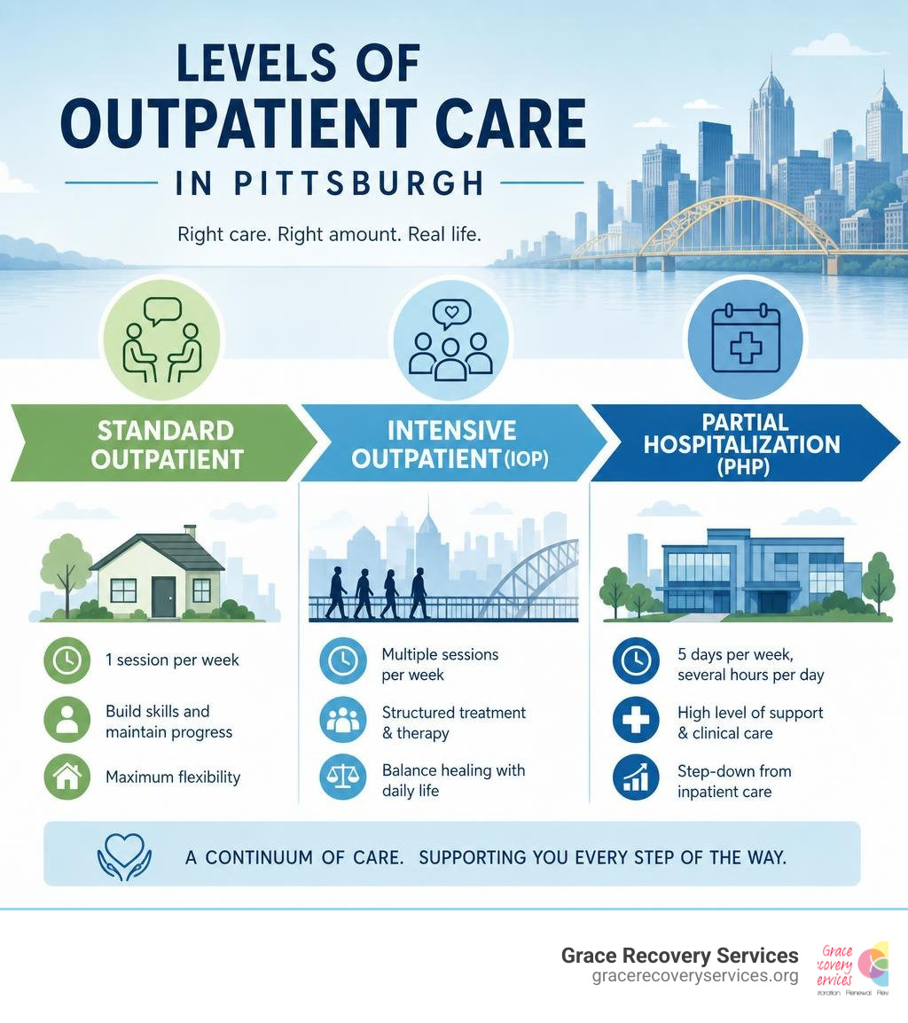 Levels of outpatient care in Pittsburgh from standard outpatient to intensive outpatient to PHP infographic Levels of outpatient care in Pittsburgh from standard outpatient to intensive outpatient to PHP infographic