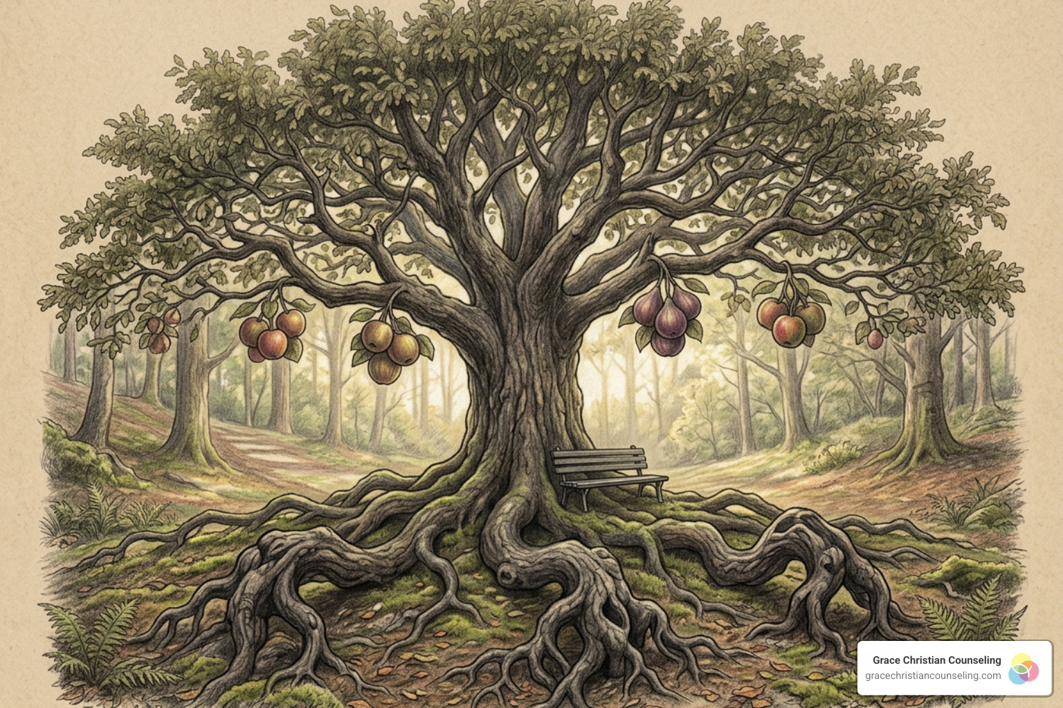 A tree with visible roots representing root sins and branches representing fruit issues