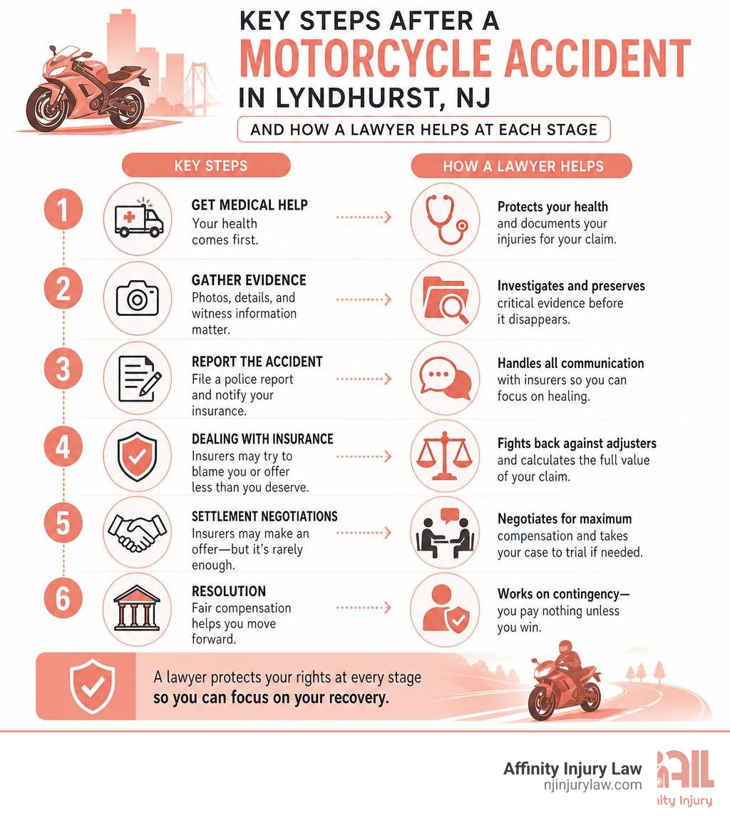 Key steps after a motorcycle accident in Lyndhurst NJ and how a lawyer helps at each stage infographic Key steps after a motorcycle accident in Lyndhurst NJ and how a lawyer helps at each stage infographic