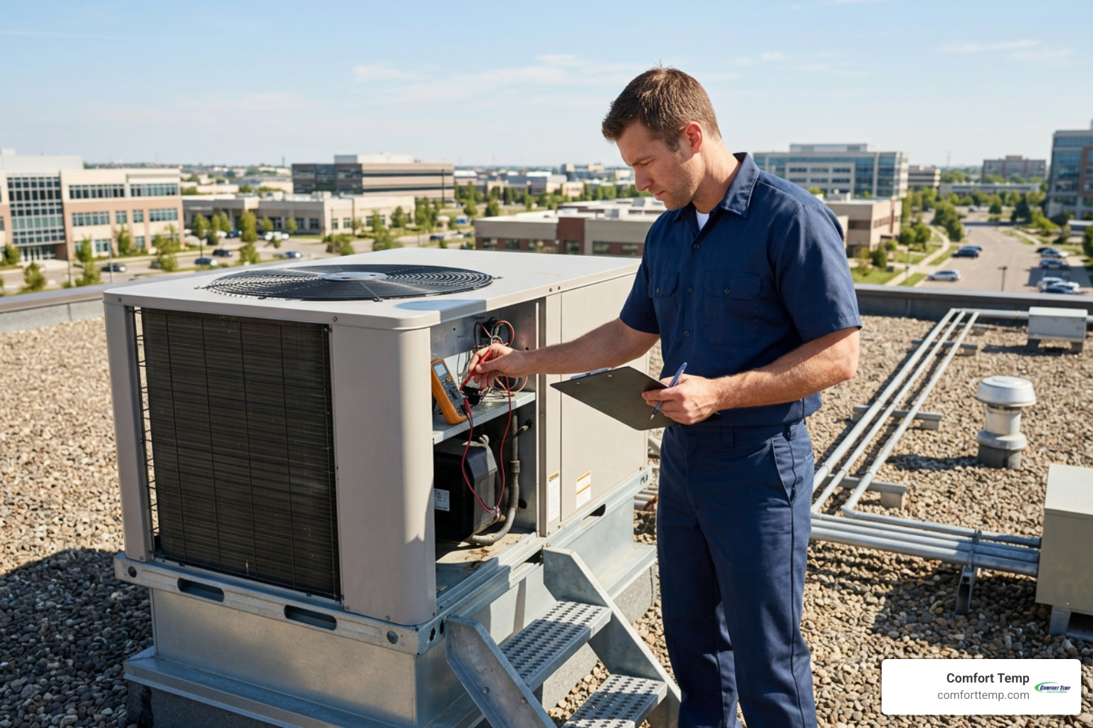 Professional technician in a dark blue uniform inspecting a commercial rooftop AC unit Professional technician in a dark blue uniform inspecting a commercial rooftop AC unit
