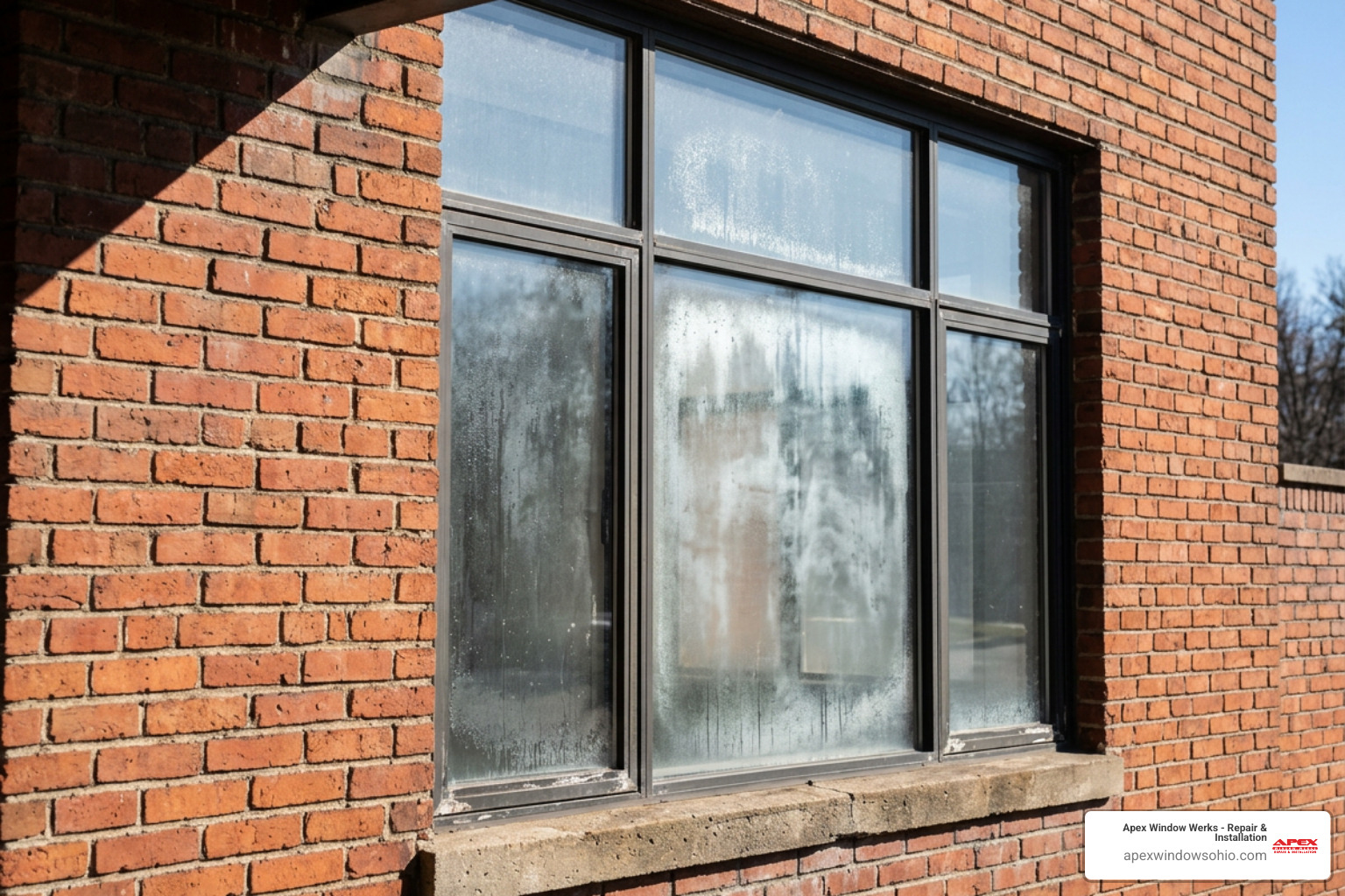 Realistic high quality photo of a fogged commercial window pane on a brick building exterior in sunny weather Realistic high quality photo of a fogged commercial window pane on a brick building exterior in sunny weather