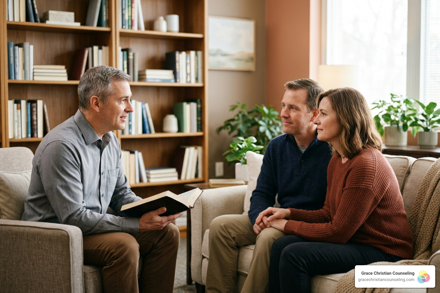 counselor guiding a husband and wife through a scripture passage