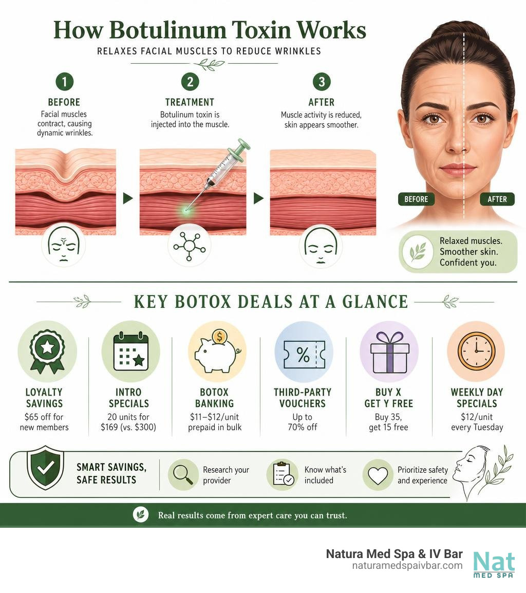 How botulinum toxin relaxes facial muscles to reduce wrinkles — key botox deals info infographic How botulinum toxin relaxes facial muscles to reduce wrinkles — key botox deals info infographic