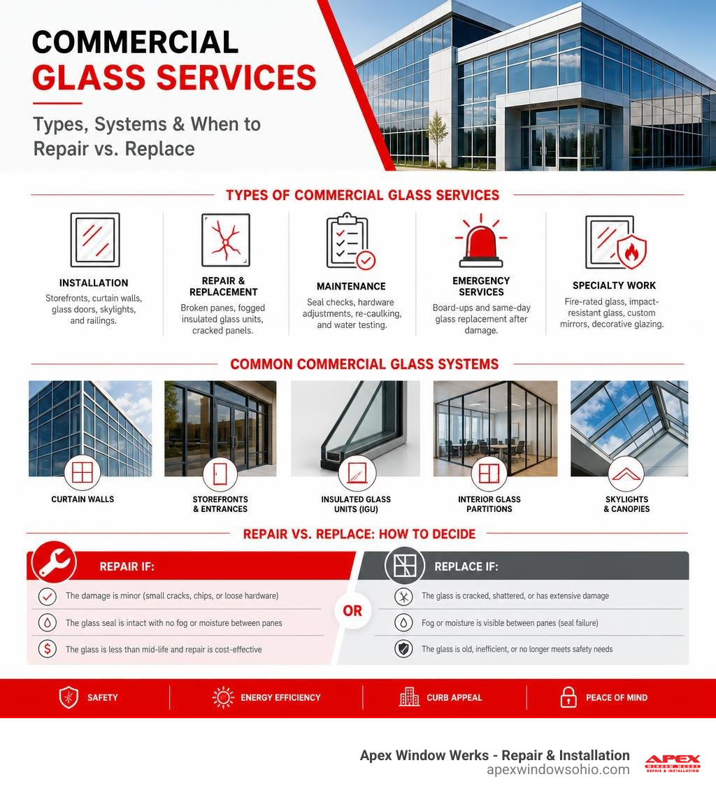 Overview infographic of commercial glass services types, systems, and when to repair vs. replace infographic Overview infographic of commercial glass services types, systems, and when to repair vs. replace infographic