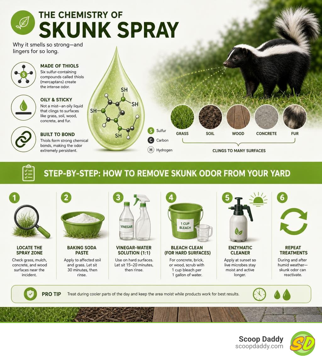 infographic explaining the chemistry of skunk spray and step-by-step yard odor removal methods infographic infographic explaining the chemistry of skunk spray and step-by-step yard odor removal methods infographic