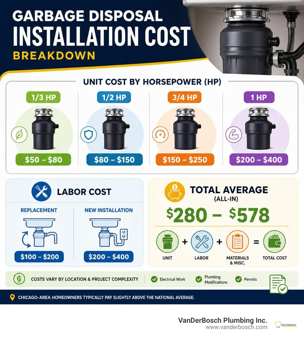 garbage disposal installation cost breakdown infographic with HP sizes, labor, and total price ranges infographic garbage disposal installation cost breakdown infographic with HP sizes, labor, and total price ranges infographic