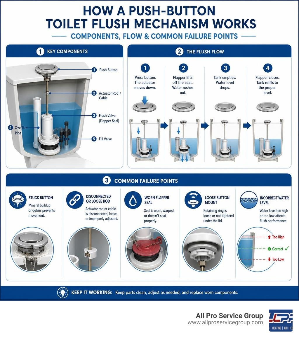 How a push-button toilet flush mechanism works — components, flow, and common failure points infographic How a push-button toilet flush mechanism works — components, flow, and common failure points infographic