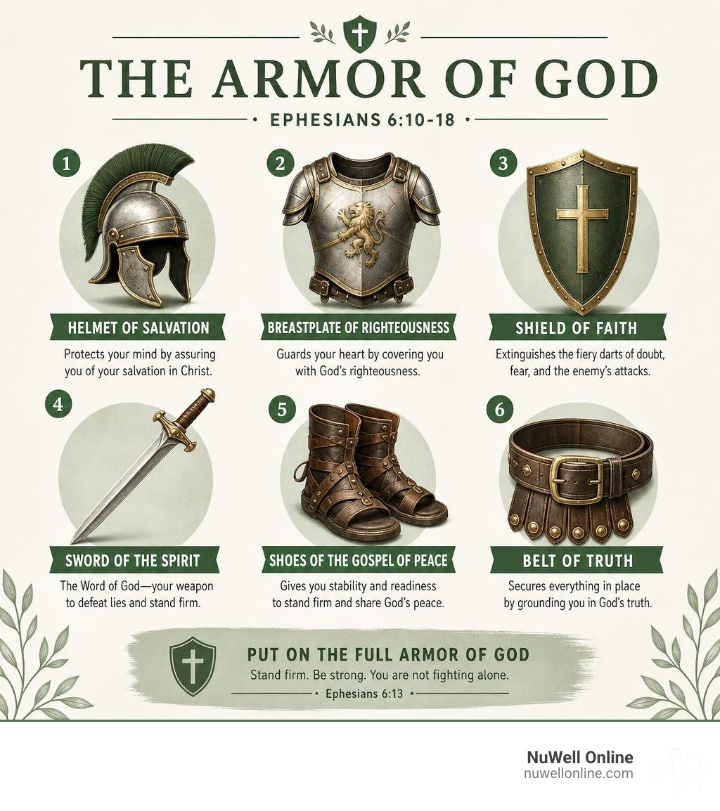 Six pieces of the Armor of God from Ephesians 6 with descriptions of each piece infographic