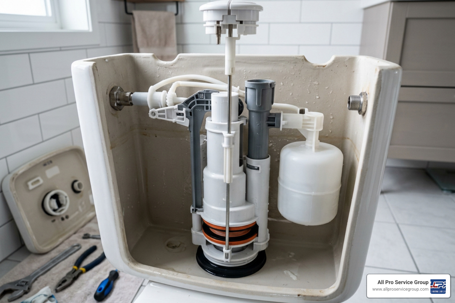 A disassembled toilet cistern showing the dual-flush valve mechanism A disassembled toilet cistern showing the dual-flush valve mechanism