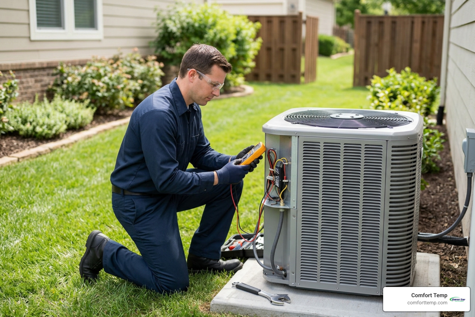 Professional technician in a dark blue uniform with no logos servicing an outdoor condenser unit Professional technician in a dark blue uniform with no logos servicing an outdoor condenser unit