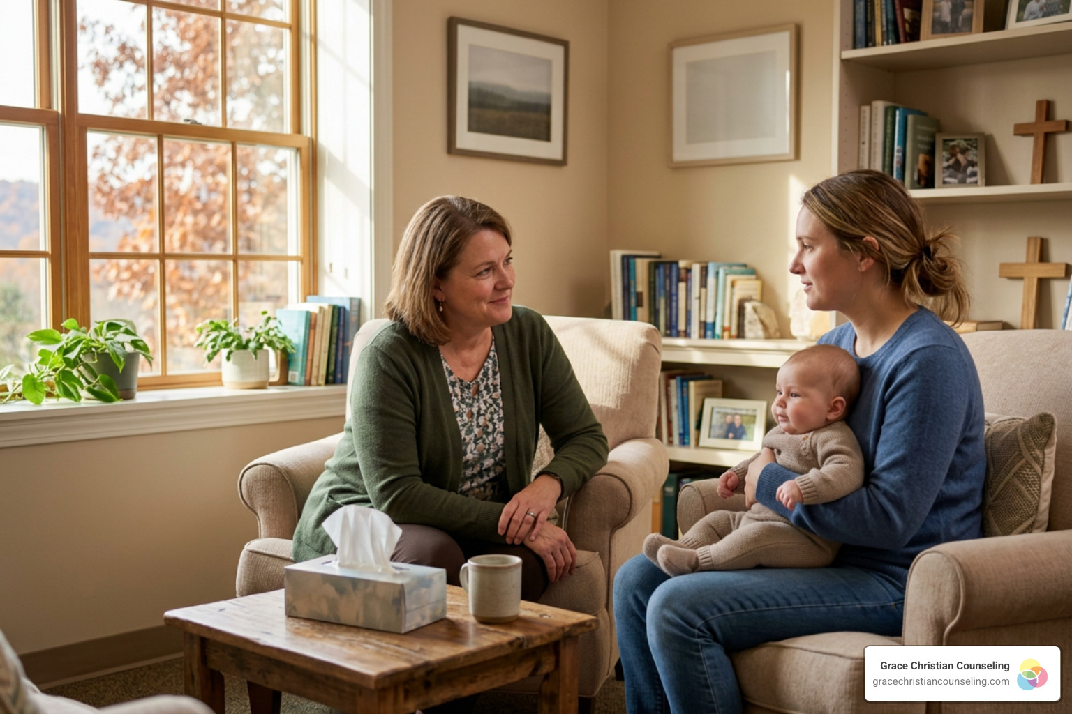 A supportive licensed Christian counselor meeting with a parent in Western PA