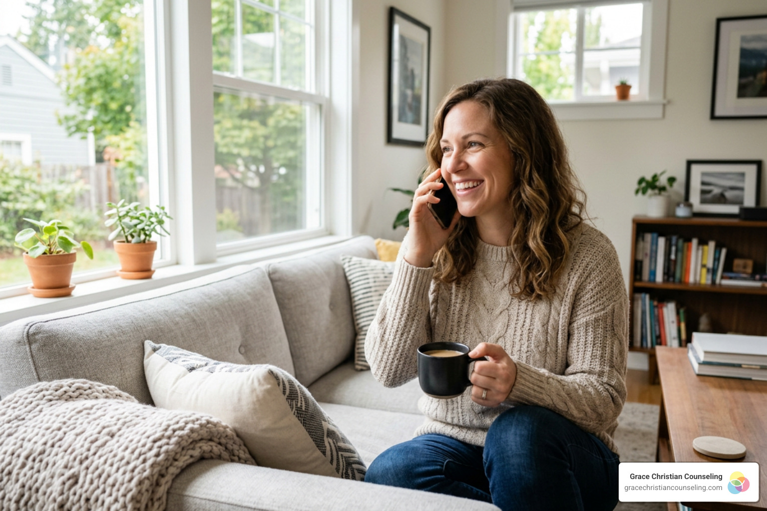 A relieved parent talking on a phone in a bright living room