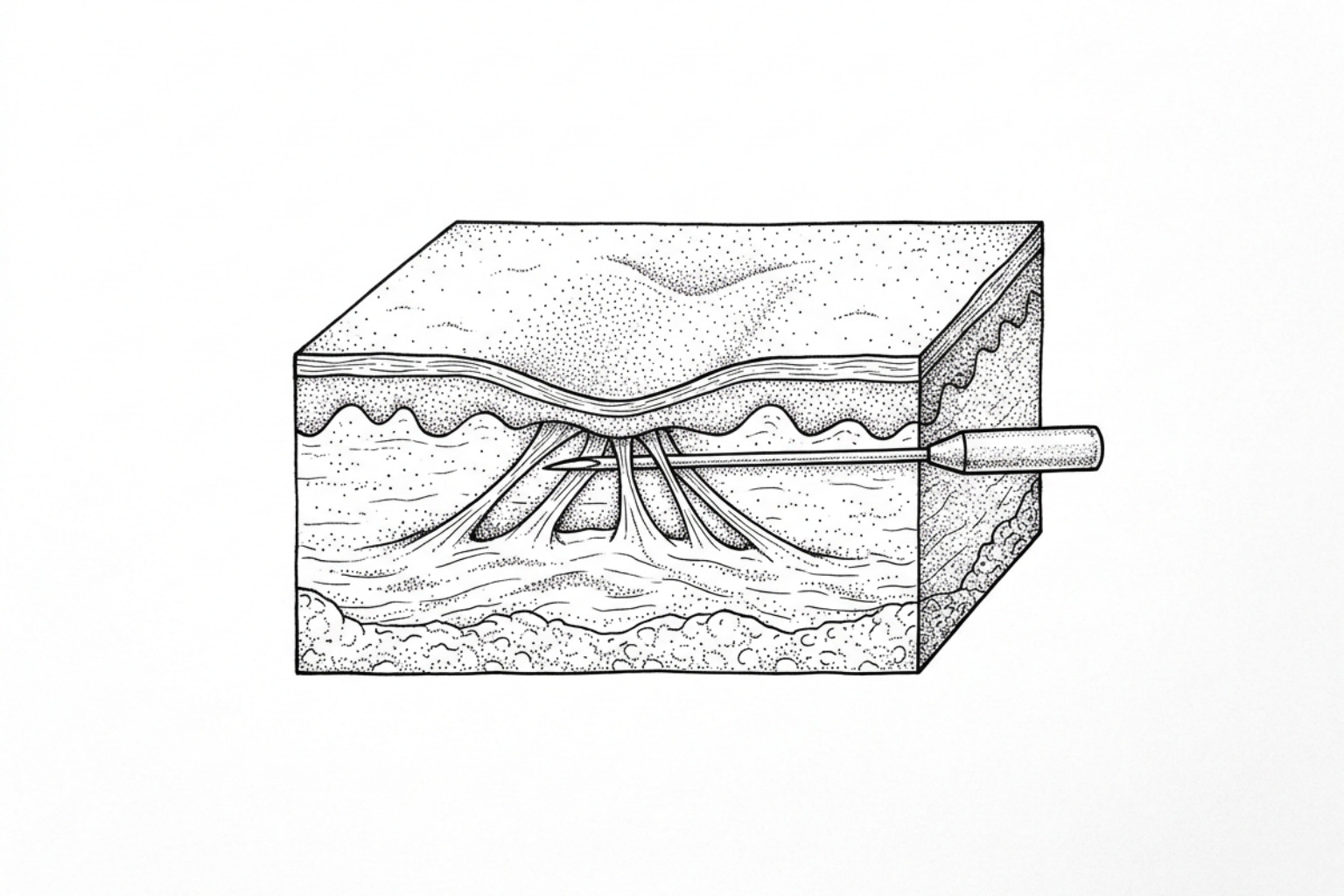 stippled illustration of subcision needle releasing fibrous bands under a scar stippled illustration of subcision needle releasing fibrous bands under a scar