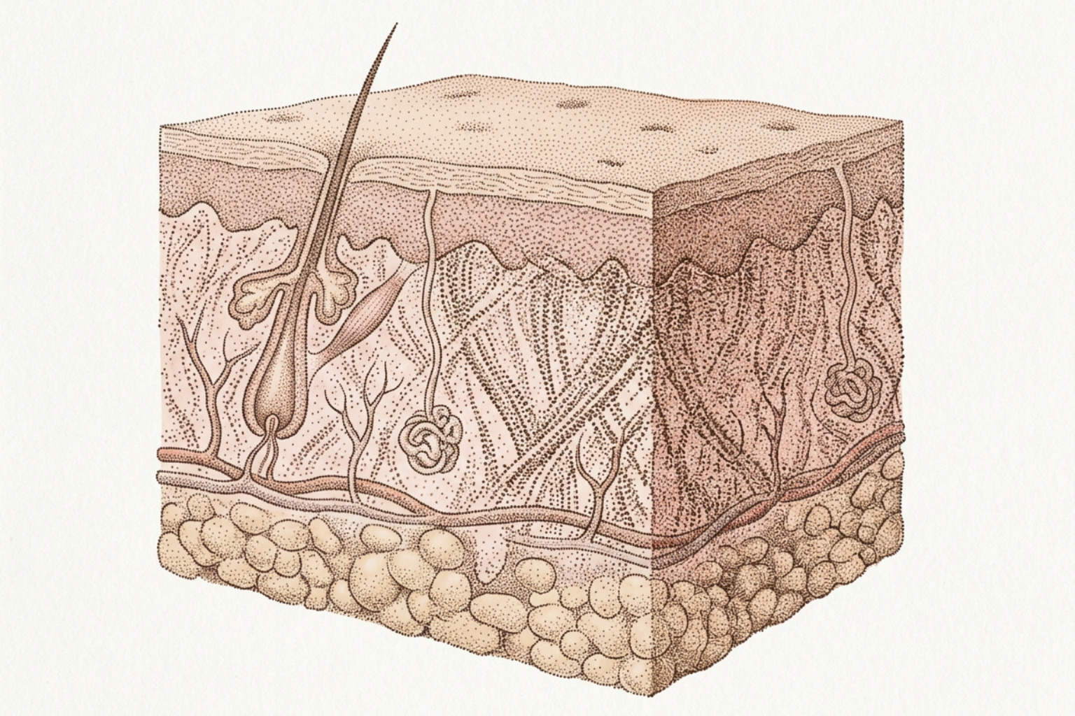 stippled illustration of a skin cross-section showing restored dermal volume stippled illustration of a skin cross-section showing restored dermal volume