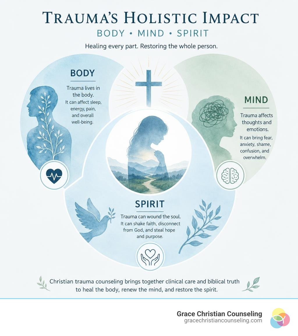 Infographic showing trauma's holistic impact on body, mind, and spirit in Christian trauma counseling infographic