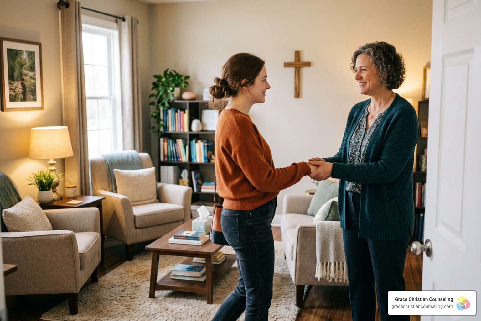 A licensed Christian therapist welcoming a client into a warm, supportive counseling environment A licensed Christian therapist welcoming a client into a warm, supportive counseling environment