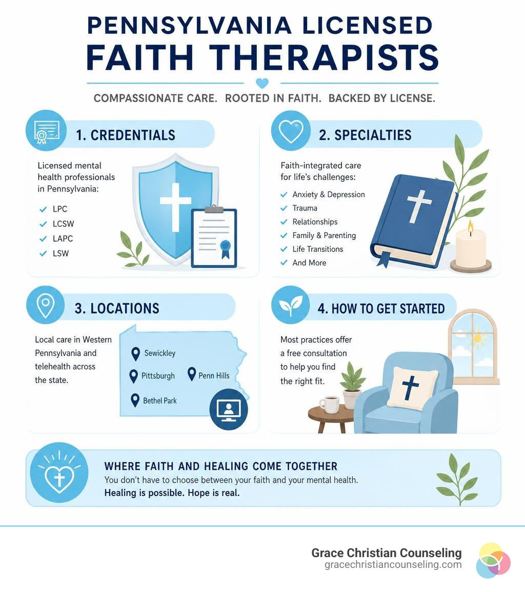 Infographic showing key facts about Pennsylvania licensed faith therapists: credentials, specialties, locations, and how to Infographic showing key facts about Pennsylvania licensed faith therapists: credentials, specialties, locations, and how to