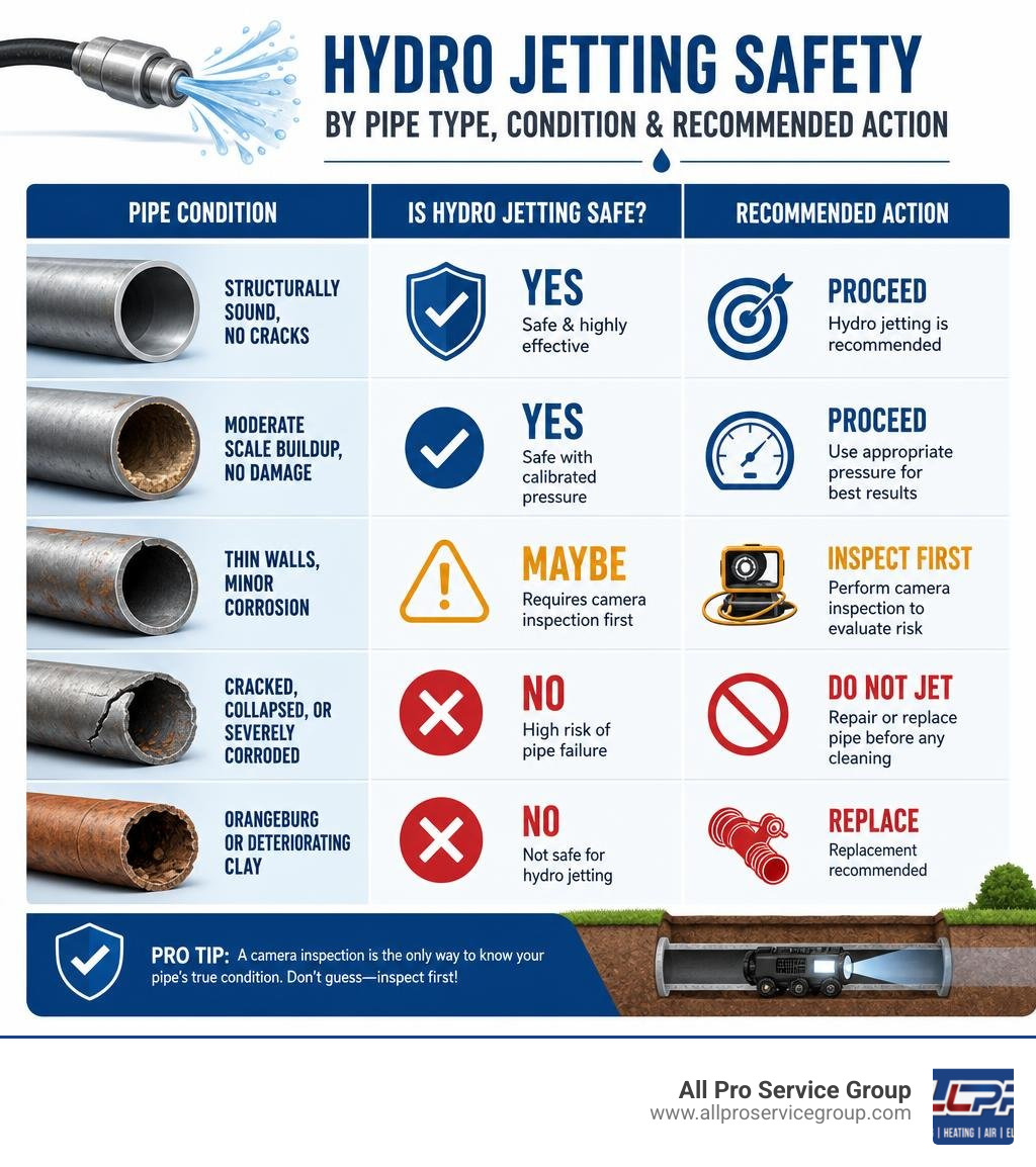 infographic showing hydro jetting safety by pipe type, condition, and recommended action infographic infographic showing hydro jetting safety by pipe type, condition, and recommended action infographic