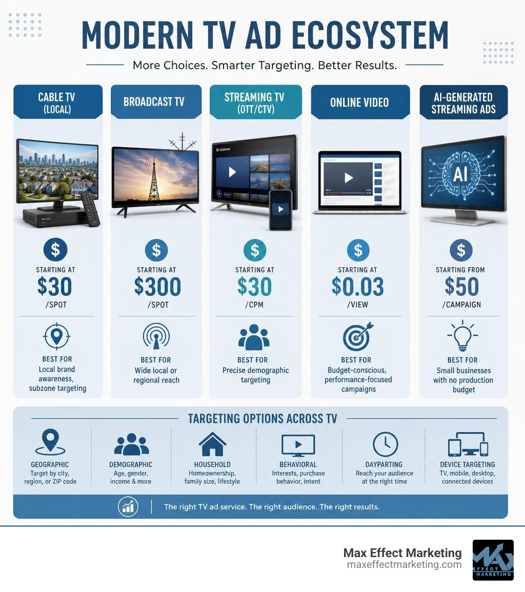 Modern TV ad ecosystem showing cable, broadcast, streaming, and AI-powered ad services with costs and targeting options Modern TV ad ecosystem showing cable, broadcast, streaming, and AI-powered ad services with costs and targeting options