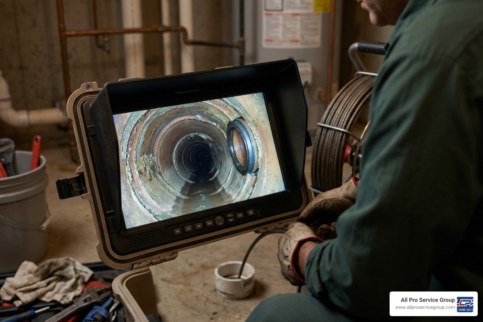 sewer camera inspection monitor displaying pipe interior sewer camera inspection monitor displaying pipe interior
