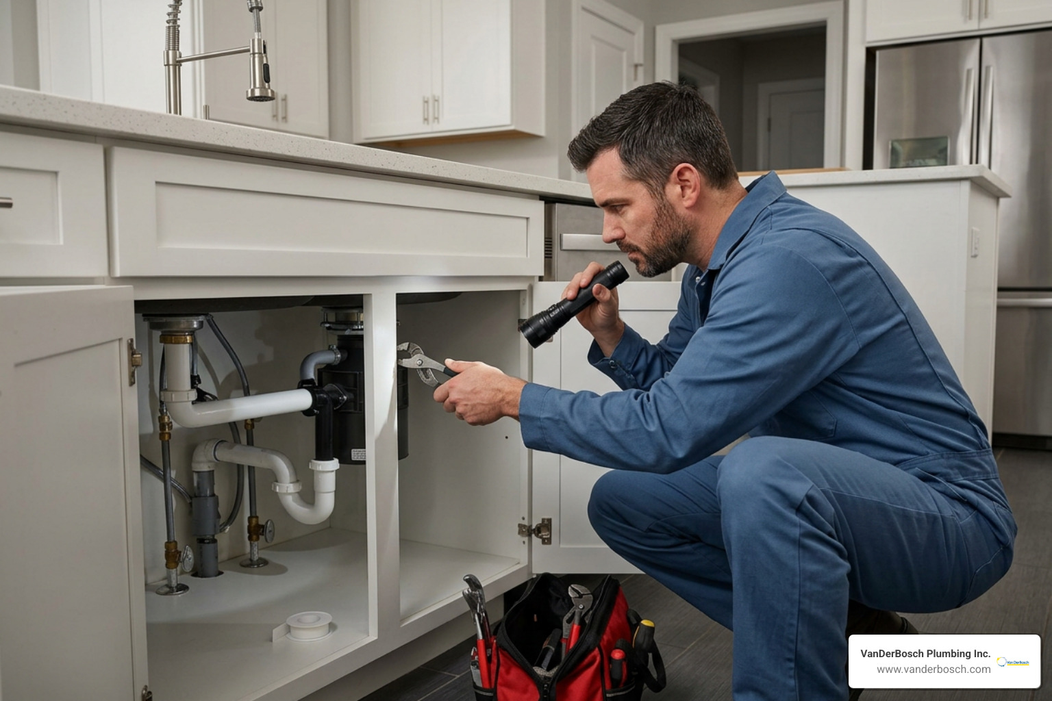 Professional plumber inspecting pipes under a sink