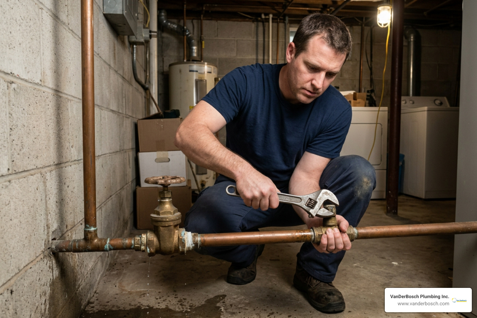 Homeowner shutting off main water valve to prevent flooding