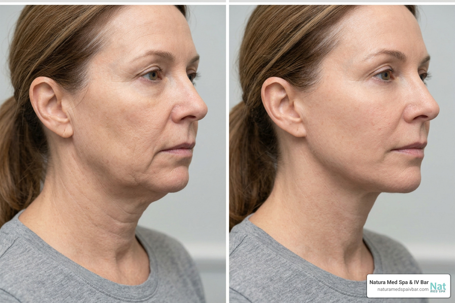 A patient showing before and after skin tightening results on the jawline and neck A patient showing before and after skin tightening results on the jawline and neck