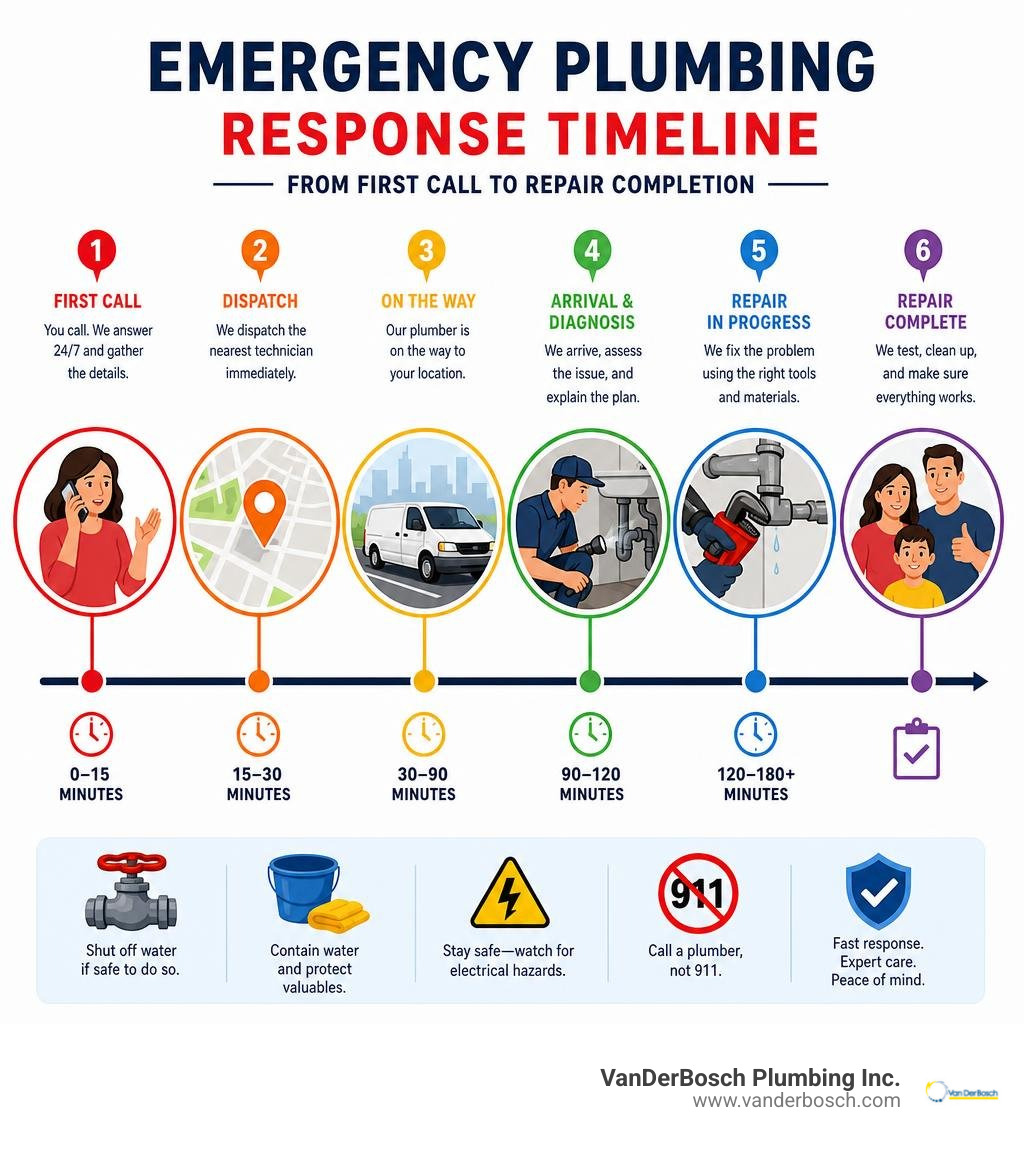 Emergency plumbing response timeline from first call to repair completion infographic