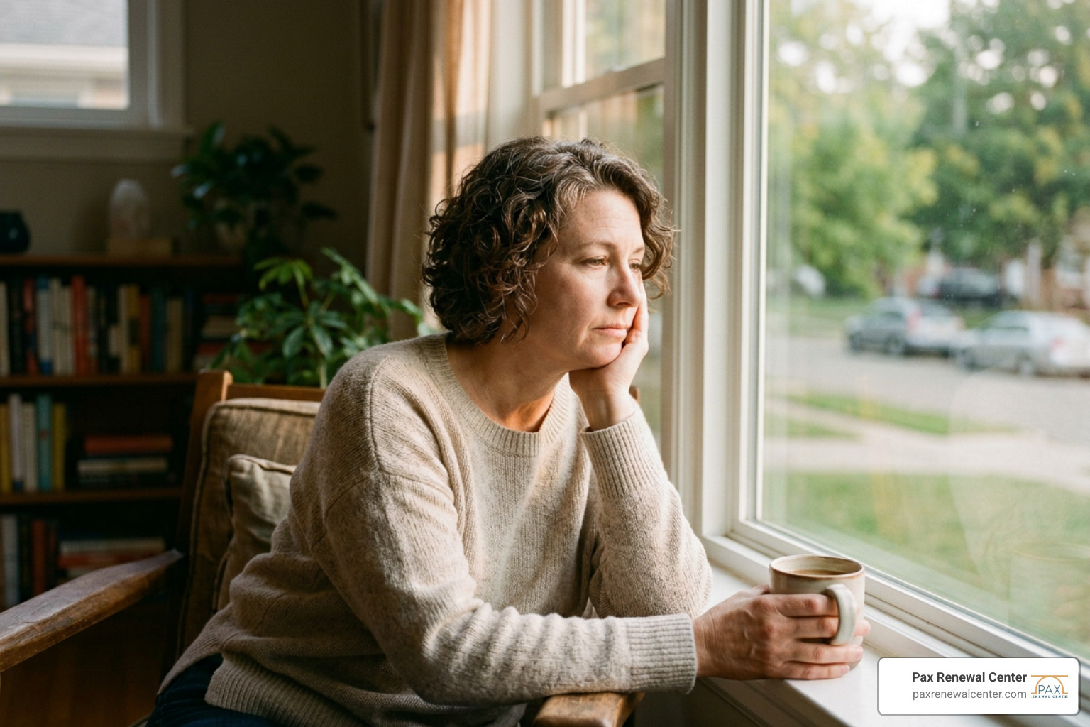 A thoughtful person reflecting quietly by a window, representing emotional introspection and readiness for healing A thoughtful person reflecting quietly by a window, representing emotional introspection and readiness for healing