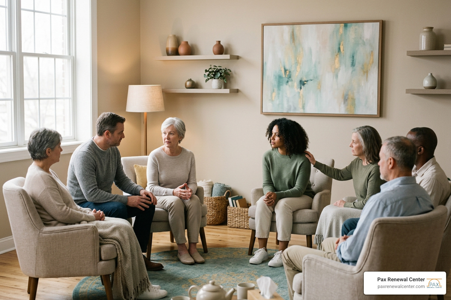 A small, supportive group of peers sitting in a circle, sharing experiences and offering comfort in a warm, healing A small, supportive group of peers sitting in a circle, sharing experiences and offering comfort in a warm, healing