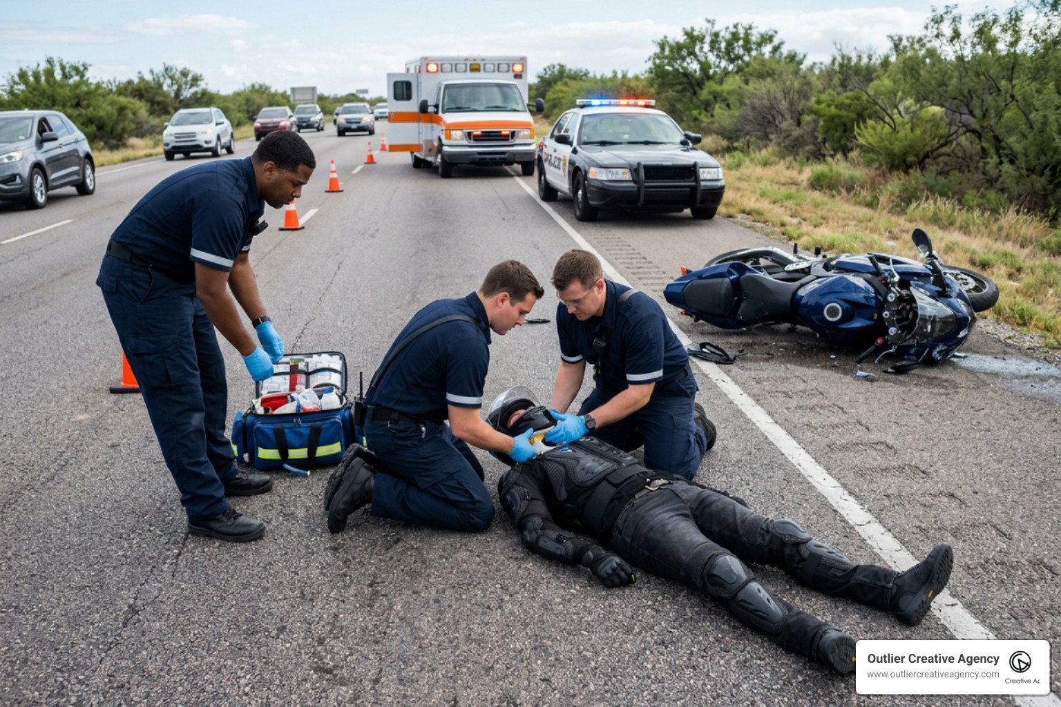 Emergency services assisting an injured motorcyclist at a crash scene