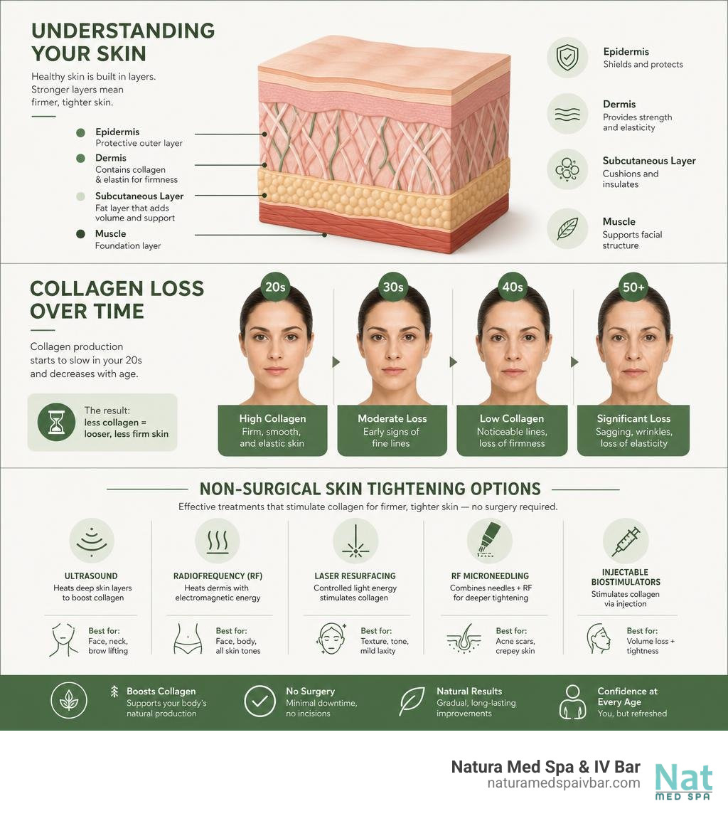 Infographic showing skin layers, collagen loss with age, and non-surgical skin tightening treatment options infographic Infographic showing skin layers, collagen loss with age, and non-surgical skin tightening treatment options infographic